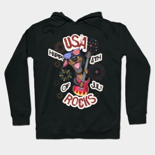 Fun Doxie Dog playing guitar on USA Rocks Happy 4th of July tee Hoodie